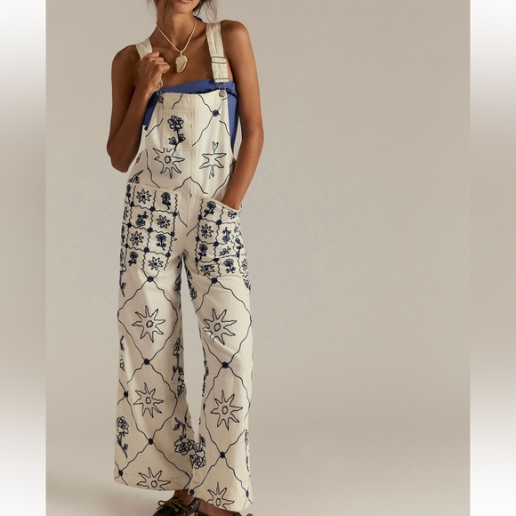 Free People Pants - Free People We the Free Rising Sun Embroidered Overalls in Solar Ecru